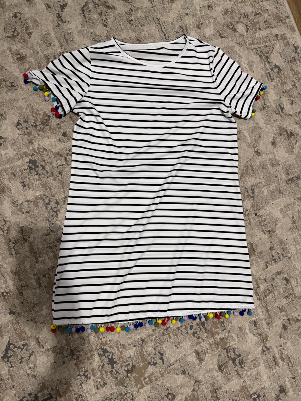Black and White Striped Dress with Colorful Pom Trim